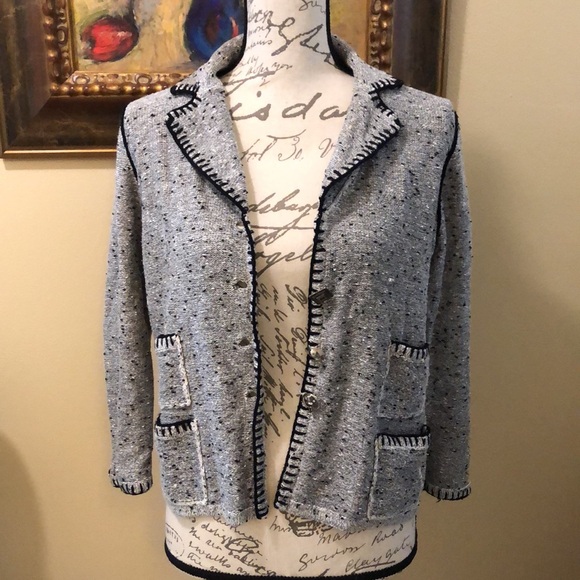 Barbara Katz Classic soft tweed quad pocket stitch trim boho button down sweater - Picture 6 of 13